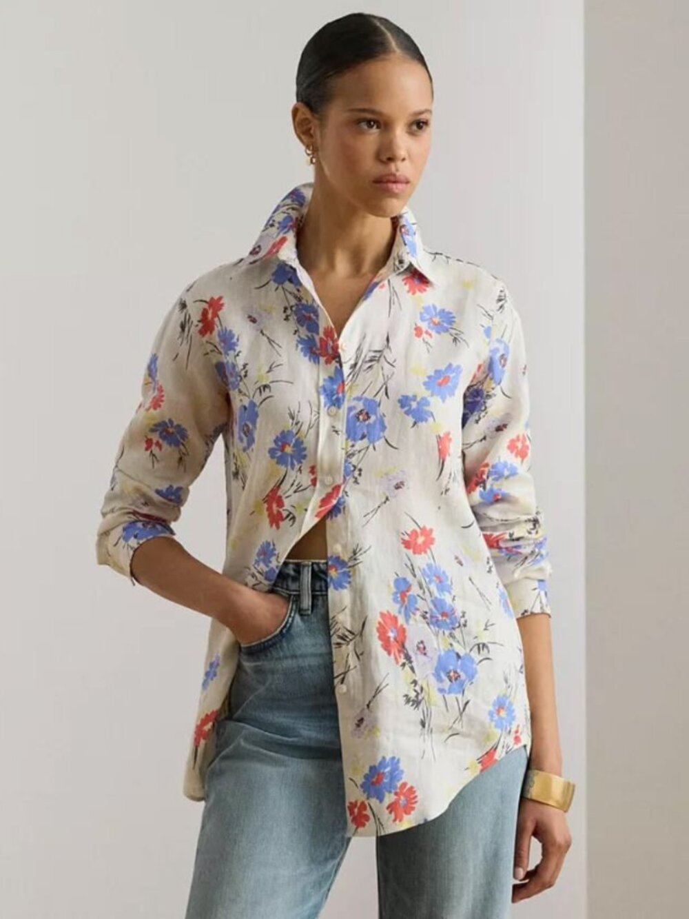 NWT Lauren Ralph Lauren Floral Linen Button Front Shirt Cream Multi Size S